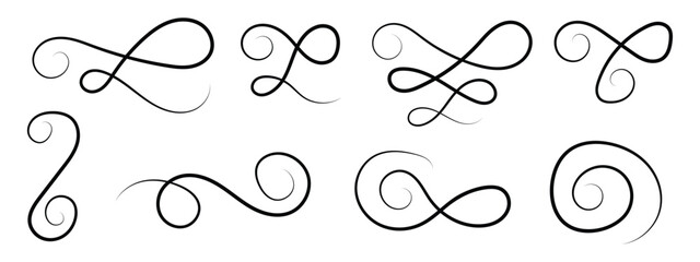 Hand drawn swirl ornament set vector. Calligraphy symbol for elegant wedding invitation, decorative scroll and vintage filigree element collection. Vector Illustration.