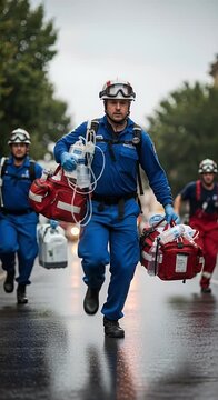 Emergency medical personnel carrying equipment on city street