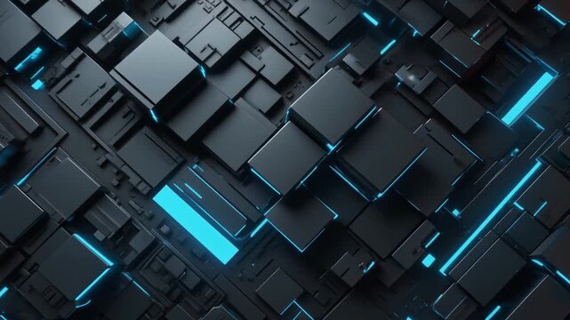 Abstract 3D Technology Background with Dark Metallic Cubes and Glowing Blue Energy Lights