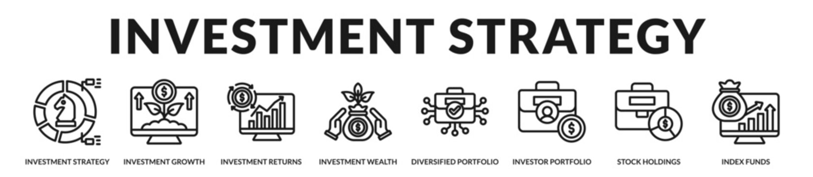 Investment strategy banner presenting structured portfolio allocation and long term wealth development. in Lineal Icon Style