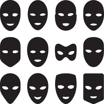 Mask superhero carnival villain or burgar vector icon set. Black masquerade costume eye mask silhouette hidden person face. Simple design incognito party masque shape template illustration