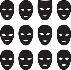 Mask superhero carnival villain or burgar vector icon set. Black masquerade costume eye mask silhouette hidden person face. Simple design incognito party masque shape template illustration