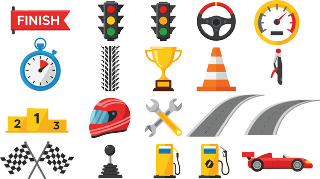 Car Racing Icon Set with Finish Flag, Traffic Light, Helmet, Steering Wheel, Speedometer, Trophy, Race Track, and Motorsport Symbols for Sports Designs