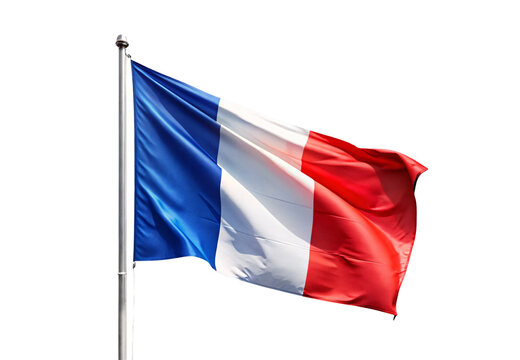 French tricolor flag flowing in wind on silver flagpole mount, isolated on a transparent background