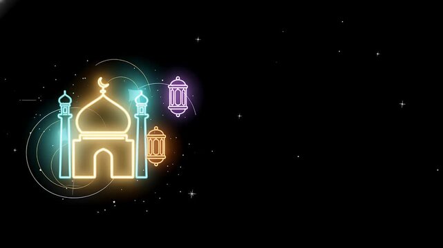neon mosque silhouette at night colorful domes minarets animation