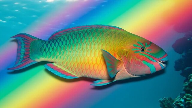 Colorful parrotfish swimming underwater with vibrant rainbow light, coral reef background