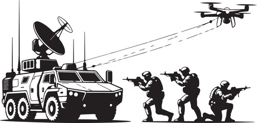 military team operating drone with communication vehicle silhouette vector engraving © MstHazara