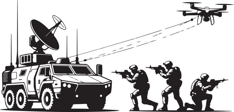 military team operating drone with communication vehicle silhouette vector engraving