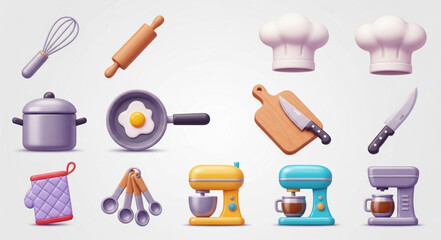 Collection of cartoon kitchen utensils and cooking equipment.