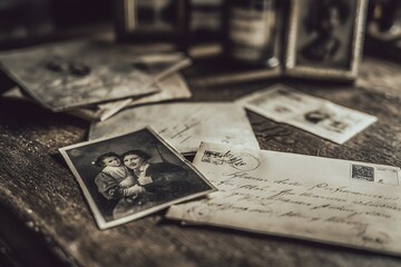 Naklejka premium Antique Sepia Photograph Vintage Letters Nostalgia Memory Keepsake on Dark Wood Table