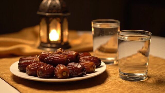 A serene iftar table setup with dates and water arrangement on a golden cloth