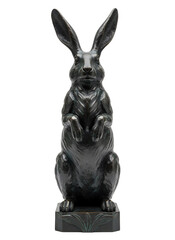 Obraz premium A dark bronze hare sculpture stands upright on a rectangular base, showcasing detailed texture and a solemn expression. isolated PNG with Transparent Background
