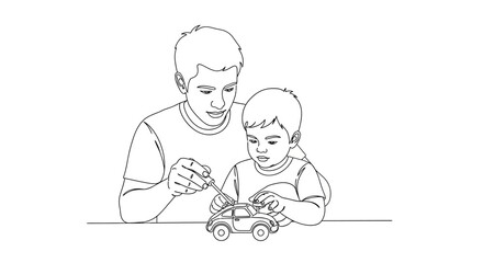 father and son playing with toy car.