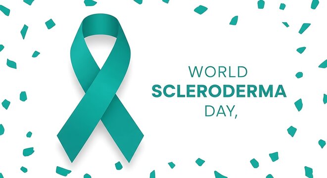World scleroderma day with a teal awareness ribbon and confetti