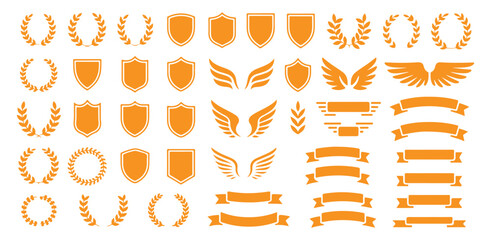 Set of orange heraldic elements including wreaths shields wings and banners design collection © Creative_Aminur
