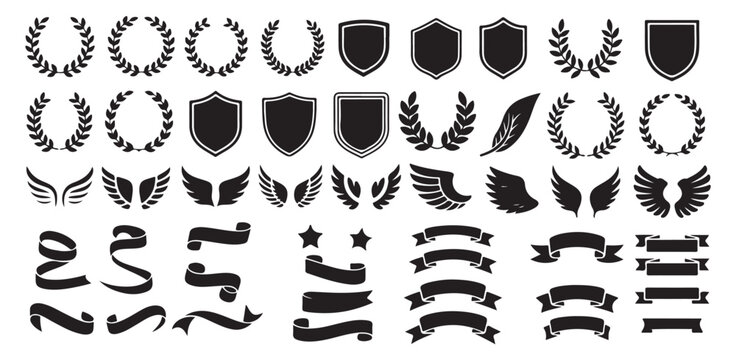 Big set of black heraldic elements featuring wreaths shields wings and banners design