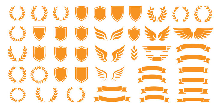 Set of orange heraldic elements including wreaths shields wings and banners design collection