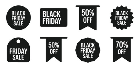 Obraz premium Black friday sale tags and discount labels set in black color, vector illustration