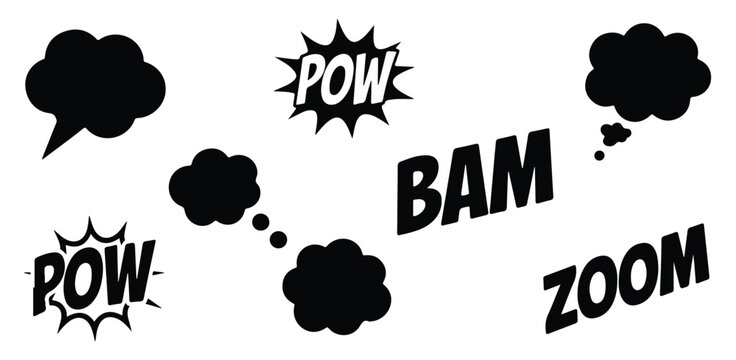 Comic book speech bubbles and sound effect words set with bam pow zoom clouds and explosion shapes