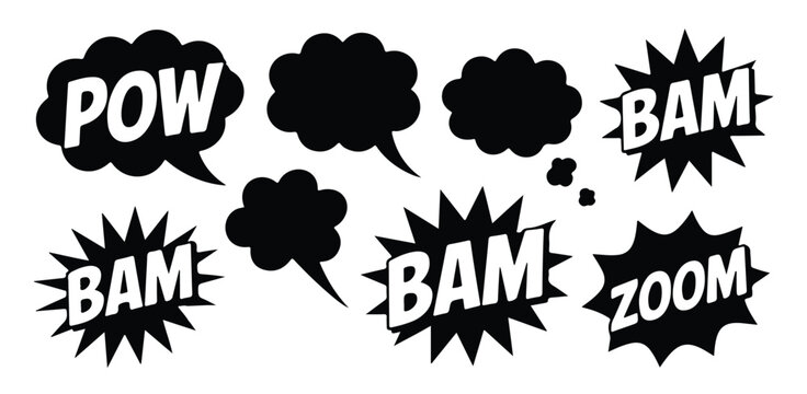 Comic explosion bubbles and sound effect labels set featuring bam pow zoom with cloud chat shapes