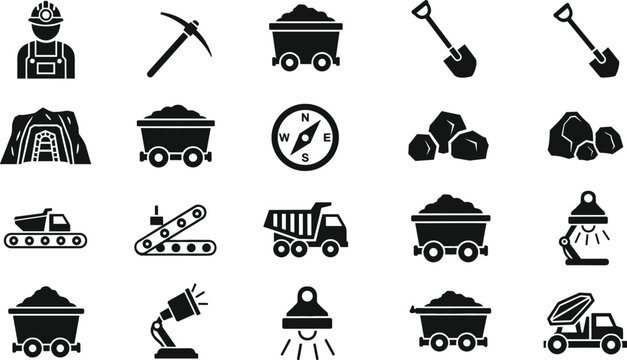 Mining Industry Silhouette Icon Set with Miner, Pickaxe, Coal Cart, Excavator, Dump Truck, Conveyor Belt and Underground Equipment Symbols