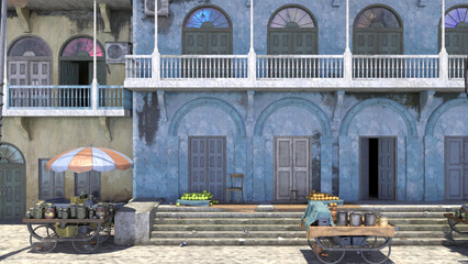 デリー　果物の並ぶ階段