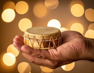 Hand Holding Small Traditional Wooden Drum with Natural Wood Grain and Rope Lacing Against a Blurred Background of Warm Golden Bokeh Lights