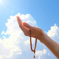 Close Up of a Hand Holding Prayer Beads Against a Bright Blue Sky with Fluffy Clouds and Sun Rays Shining Down
