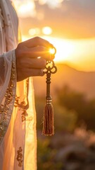 Close Up Of A Hand Holding An Ornate Antique Key At Golden Hour Sunset With Lens Flare And Mountain Background