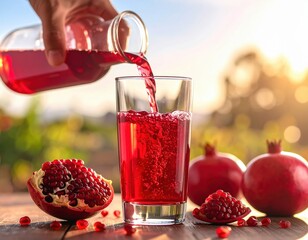Fresh Pomegranate Juice Being Poured Into a Glass Outdoors During Golden Hour With Ripe Pomegranates Nearby
