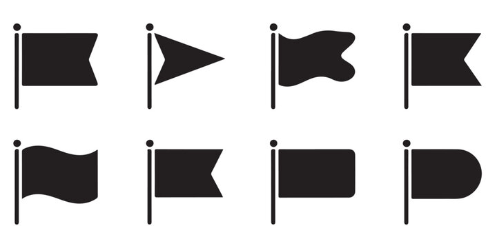 Set of black flags on flagpoles vector icons isolated on white background flag marker symbols