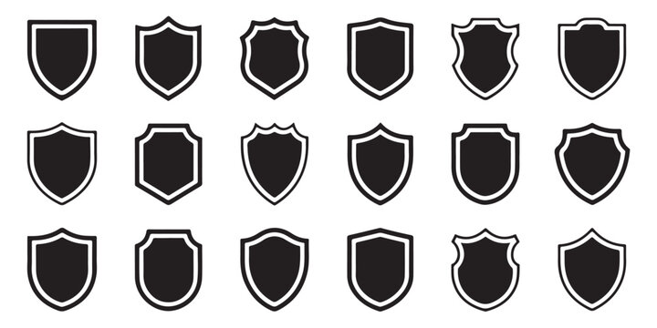 Assortment of shield icons featuring diverse outlines on white background vector