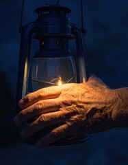 Elderly Hand Holding Old Lantern With Lit Flame Casting Warm Light In The Dark Outdoors At Night