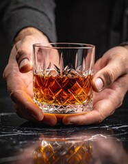 Close up of man holding ornate glass filled with amber whiskey on dark marbled surface with dramatic lighting