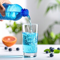 Refreshing Blue Water Poured From Plastic Bottle Into Tall Glass With Bubbles And Blueberries And Grapefruit Slices On White Table With Green Plants In Background