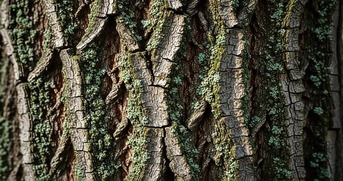 Close-up view of textured tree bark showcasing intricate patterns and green moss, natural environment