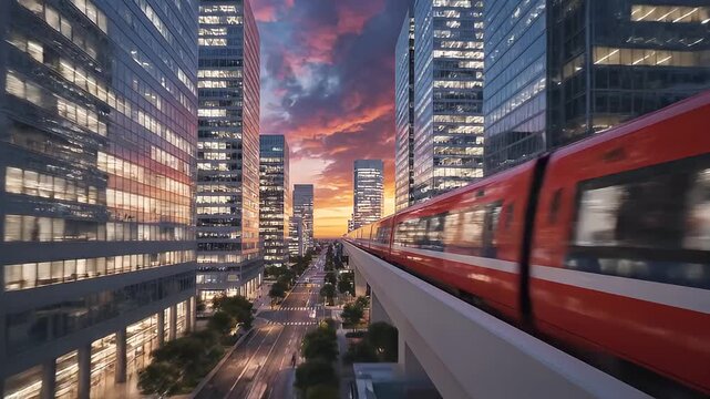 A red train travels through a bustling cityscape at sunset in a video