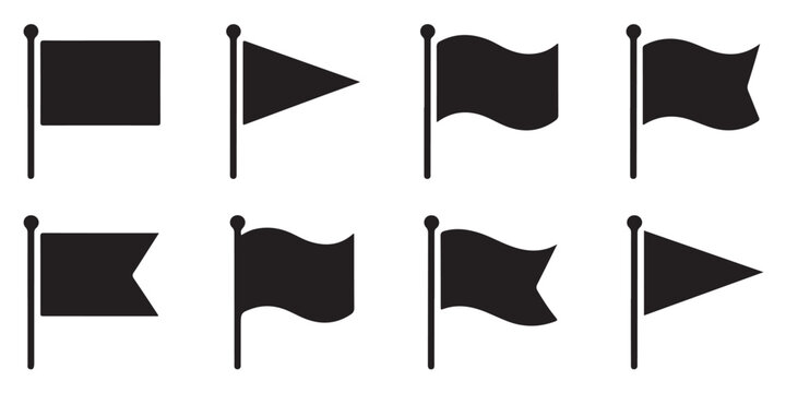 Black flag icons set with different shapes and poles for navigation maps and location markers clip