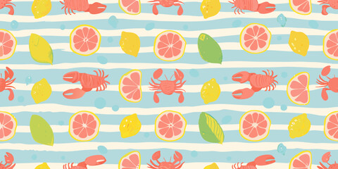 Colorful pattern featuring crabs citrus fruits and striped background © Prince