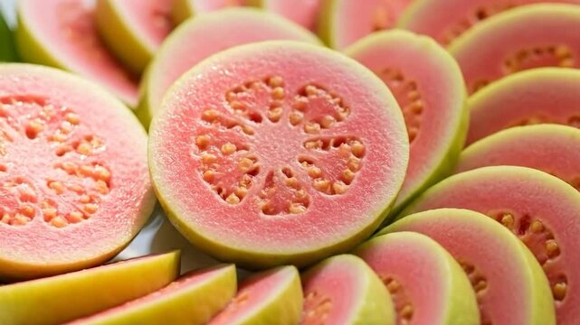 Close-up of fresh pink guava slices, showcasing their vibrant color and healthy texture.