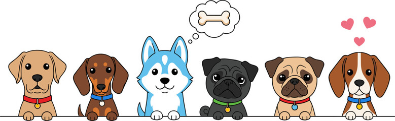 Cute cartoon dog breeds illustration with Labrador Dachshund Husky Pug Beagle puppy characters, adorable pet vector collection isolated on white background design © MstMinara
