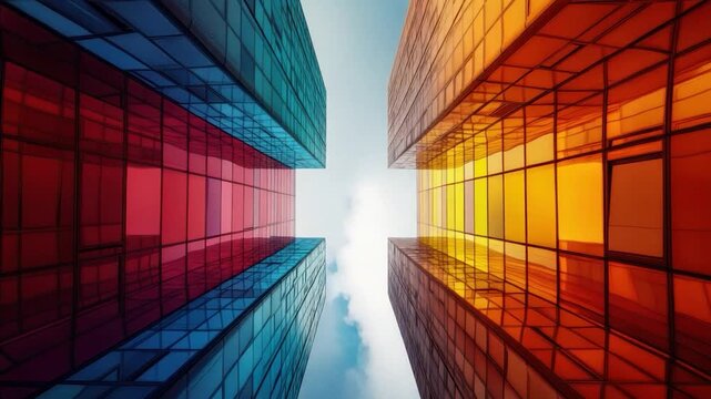 Low-angle view of four tall buildings with colorful glass facades converging towards a cloudy sky