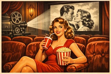 Obraz premium Vintage styled woman in a red dress smiles with popcorn and soda in a nostalgic theater while a black and white romance film plays, perfect for movie night, cinema, or nostalgia themes.