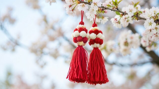 Two traditional red and white bulgarian martenitsa tassels hanging from a blooming cherry tree branch in spring