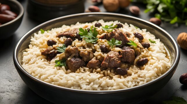 Jordanian mansaf with lamb and rice in a bowl food