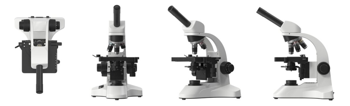 White monocular compound microscope with multiple views on white background
