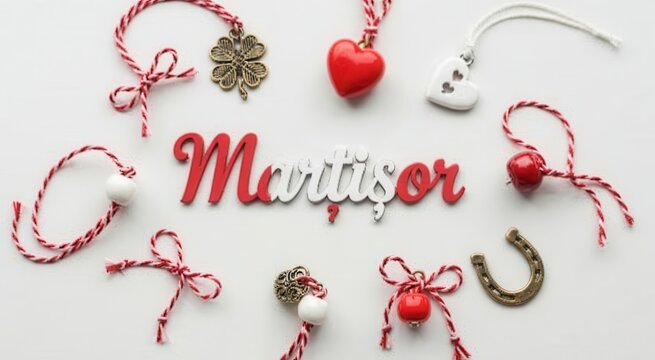 Martisor traditional romanian and moldovan spring celebration symbols with red and white string ornaments and charms on white background