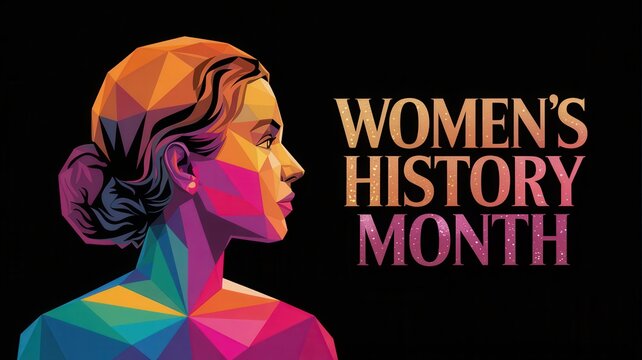 Vibrant polygonal portrait of a woman celebrating womens history month with text