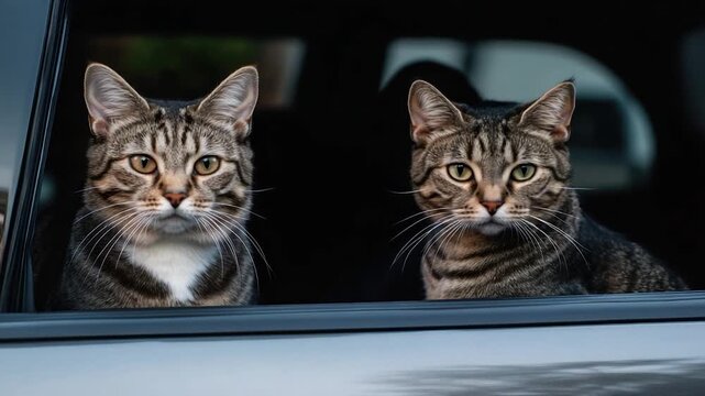Two tabby cats stare out a car window, one with a white chest patch, dark interior