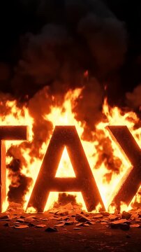 A dramatic video of a burning tax sign with flames and smoke